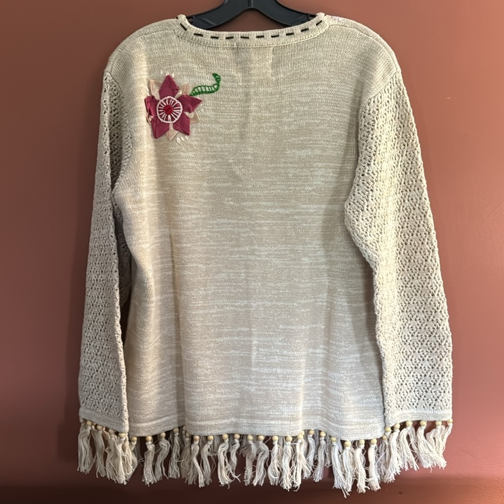 Vintage Storybook Knits Cardigan Sweater  beige Crochet Fringe Granny size L - Picture 4 of 10